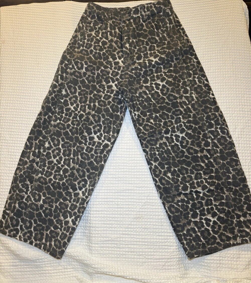 New Me Women’s M Leopard Print Wide Leg Jeans Stretch Waist Y2K 100% Cotton